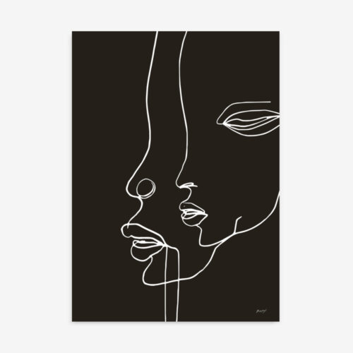 Abstract white line art of two facial profiles on black background
