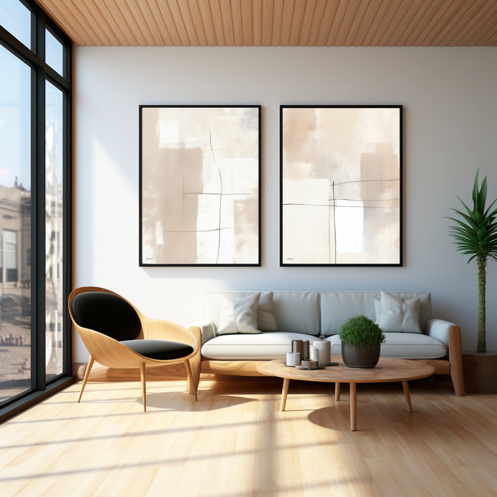 Sleek living room with wood ceiling, minimalist furniture and abstract wall art.