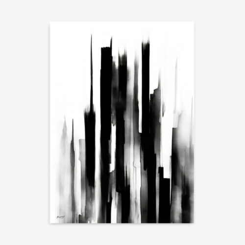 Dramatic black vertical brushstrokes create rhythmic patterns against white space