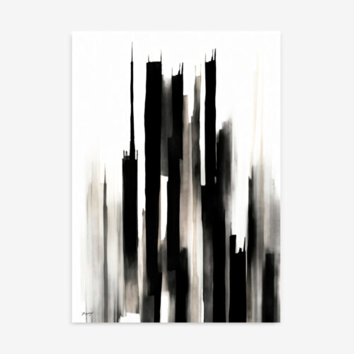 Bold black vertical brushstrokes create dynamic rhythm against white background