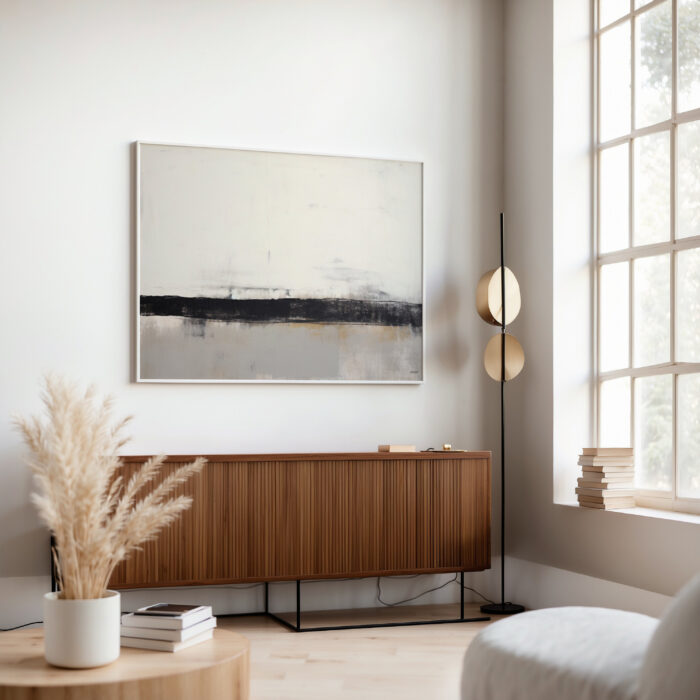 Abstract horizon artwork above wooden credenza in minimalist living room with natural light.
