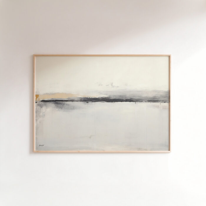 Minimalist abstract landscape artwork with misty horizon line in simple wooden frame.