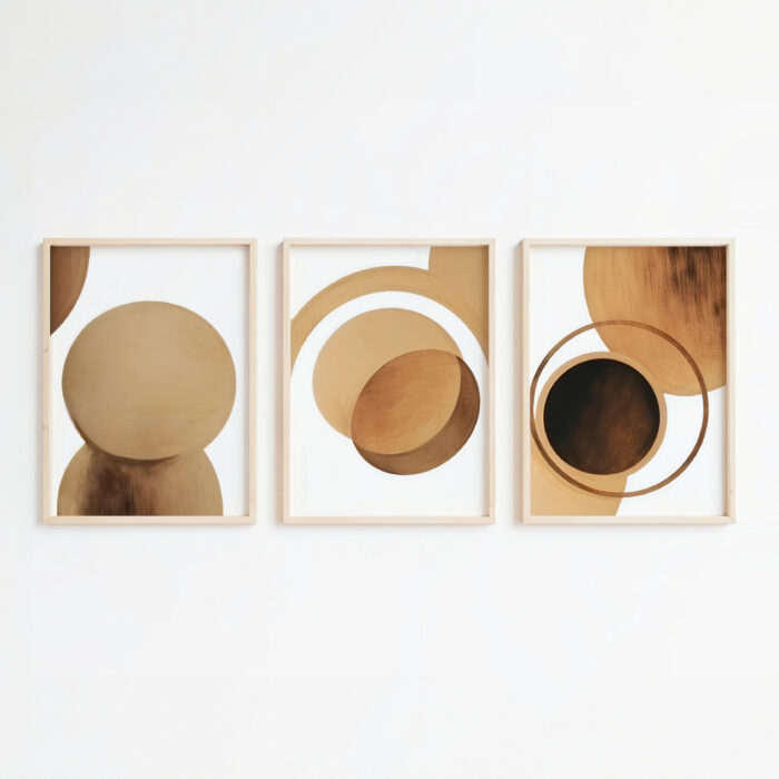 Abstract triptych wall art with earth-tone circular patterns in wooden frames.