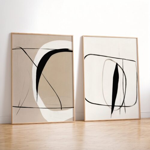 Minimalist abstract art prints with curved lines and circles in light wooden frames.