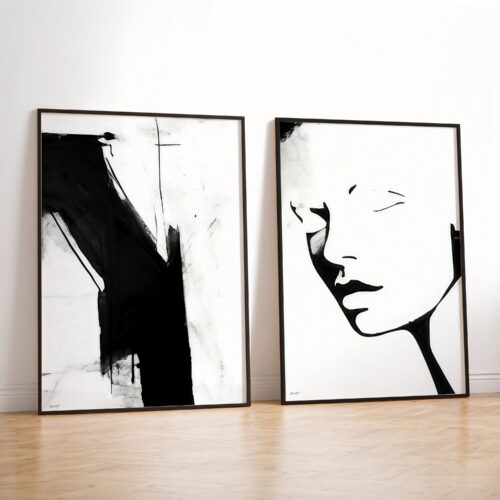 Minimalist black and white art pair: abstract brushstrokes and profile portrait in frames.