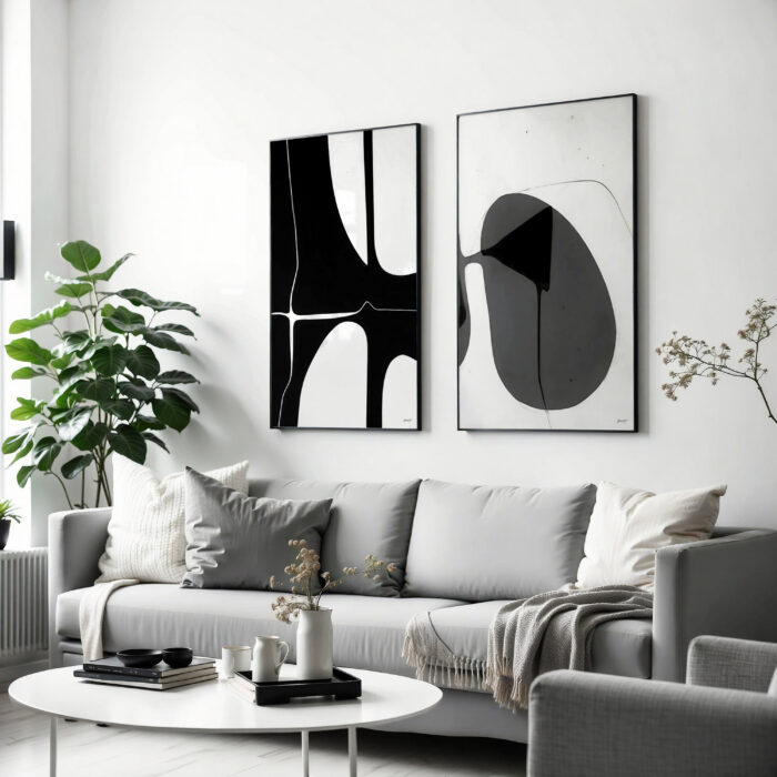 Modern living room with abstract black and white artwork and minimal furniture.