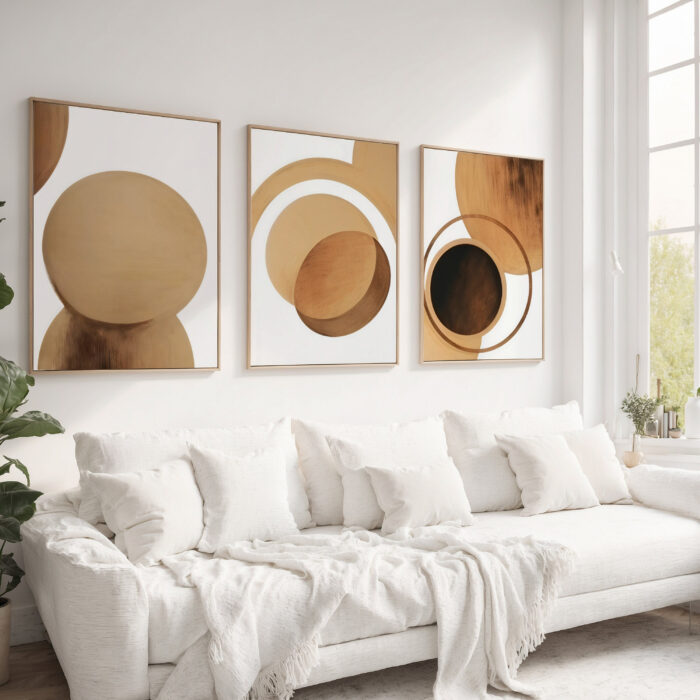 Minimalist abstract geometric trio artwork in earth tones above white couch.
