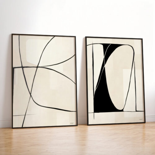Two minimalist abstract art prints with black geometric lines in modern frames.