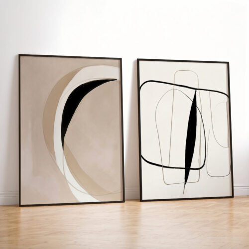 Elegant abstract art duo with curved and linear designs in minimalist black frames
