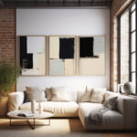 Minimalist living room with brick wall, sectional sofa and abstract triptych artwork.