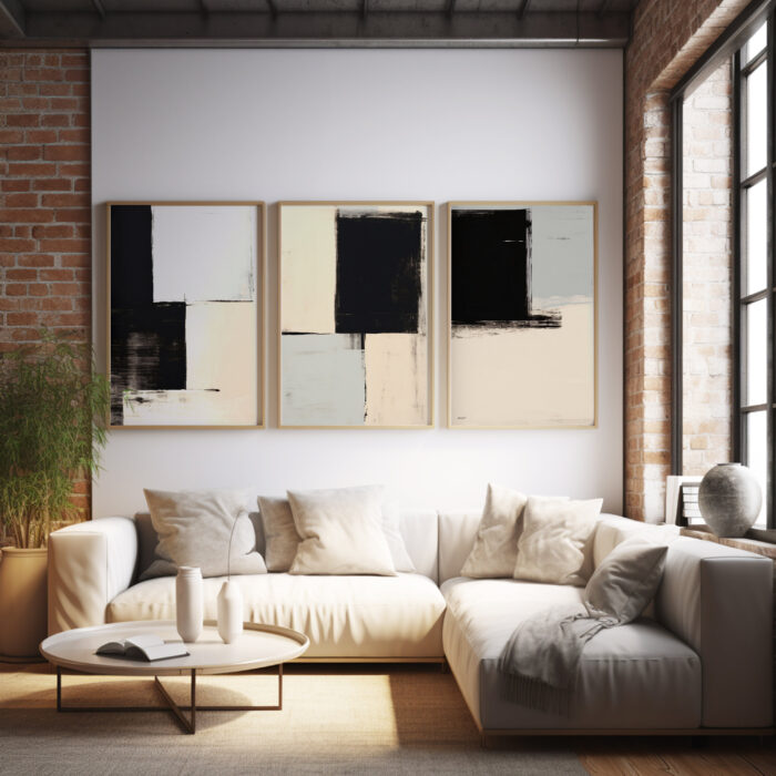 Minimalist living room with brick wall, sectional sofa and abstract triptych artwork.