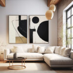 Elegant living room featuring minimalist black and beige abstract art above cream sectional sofa.
