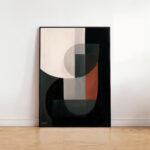 Modern geometric abstract art with overlapping shapes in black, green, and rust tones.