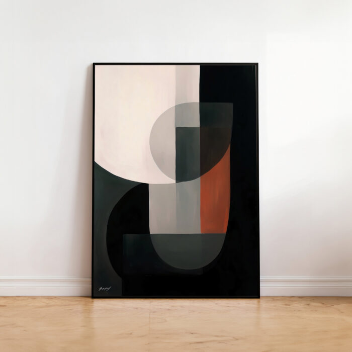 Modern geometric abstract art with overlapping shapes in black, green, and rust tones.