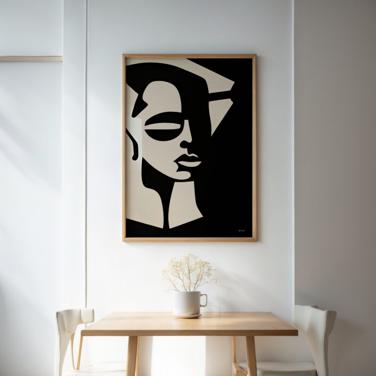 Modern minimalist black and white abstract face artwork with wooden frame above small console table.