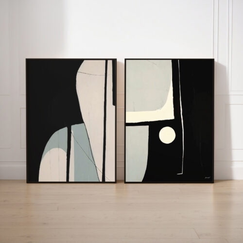 Black and white abstract diptych with fluid shapes and geometric patterns