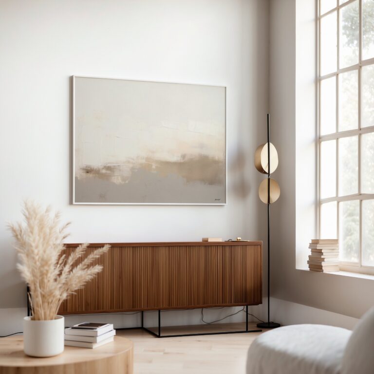 Abstract beige artwork with pampas grass in modern minimalist living room.