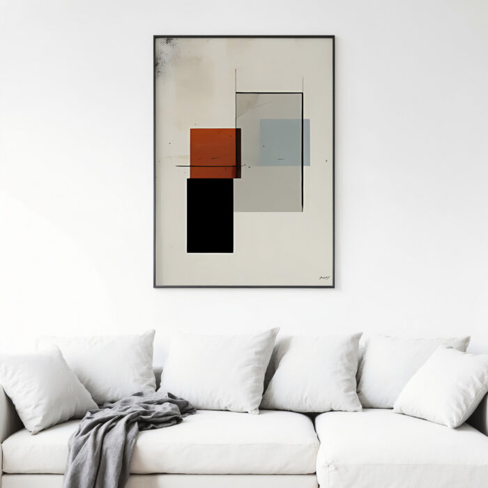Modern geometric abstract art in terracotta and black above white sofa