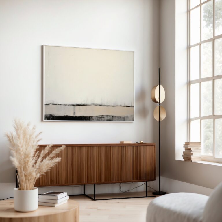Modern living room with minimalist landscape art above wooden credenza near window.