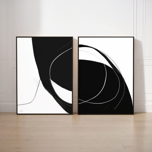 Minimalist black and white abstract curved line diptych art with contrasting panels.