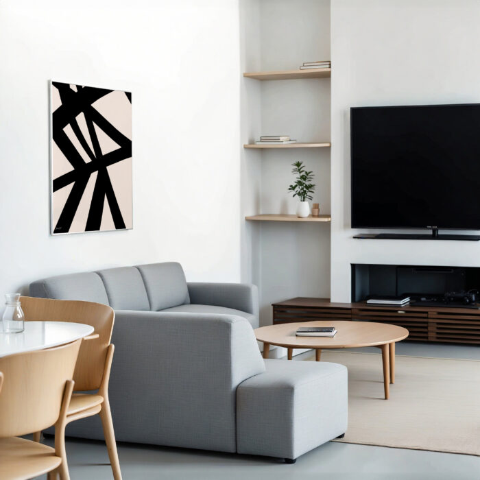 Minimalist living room with abstract black line art and neutral furnishings