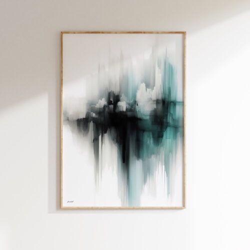 Abstract black, white and teal painting with flowing brushstrokes in wooden frame
