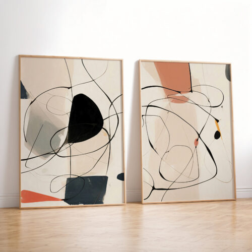 Abstract diptych with curved lines in black, terracotta and sage green on cream background.