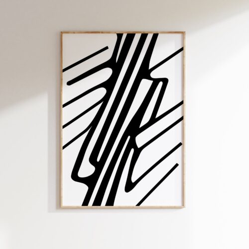 Abstract black line art in wooden frame on white wall, minimalist geometric design.
