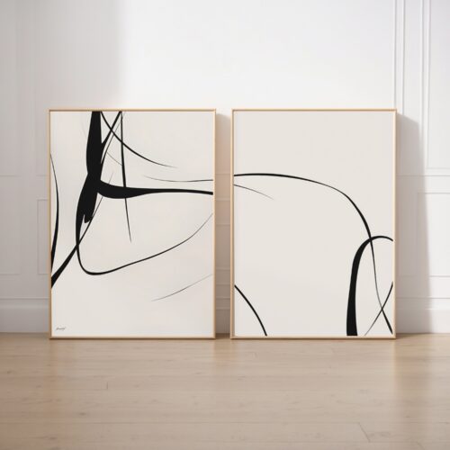 Minimalist black brushstroke diptych on cream canvas with light wood frames