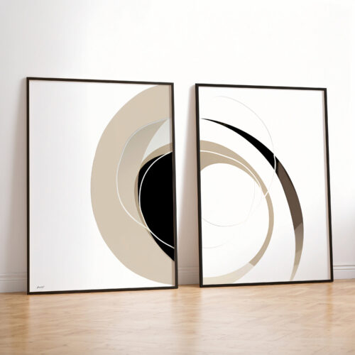 Modern abstract diptych with curved beige shapes and bold black accents on white background.