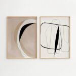 Minimalist abstract wall art prints with curved and linear forms in beige and black.