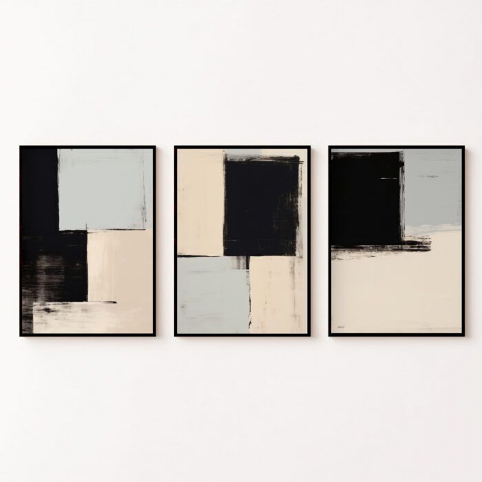 Modern abstract triptych with geometric black and beige forms in sleek black frames.