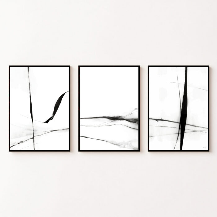 Three black brushstroke panels in thin frames creating minimalist abstract wall art triptych.