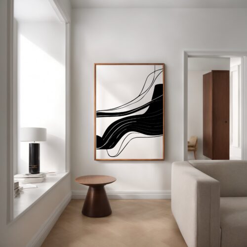 Abstract black and white line art in minimalist room with wooden stool and lamp.
