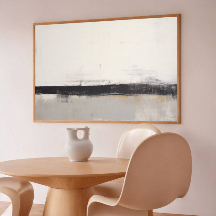 Minimalist horizon abstract canvas art above wooden dining table with ceramic vase