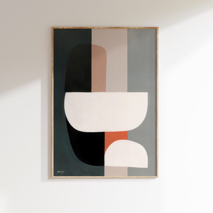 Minimalist abstract geometric art with teal, pink and white shapes in wooden frame.