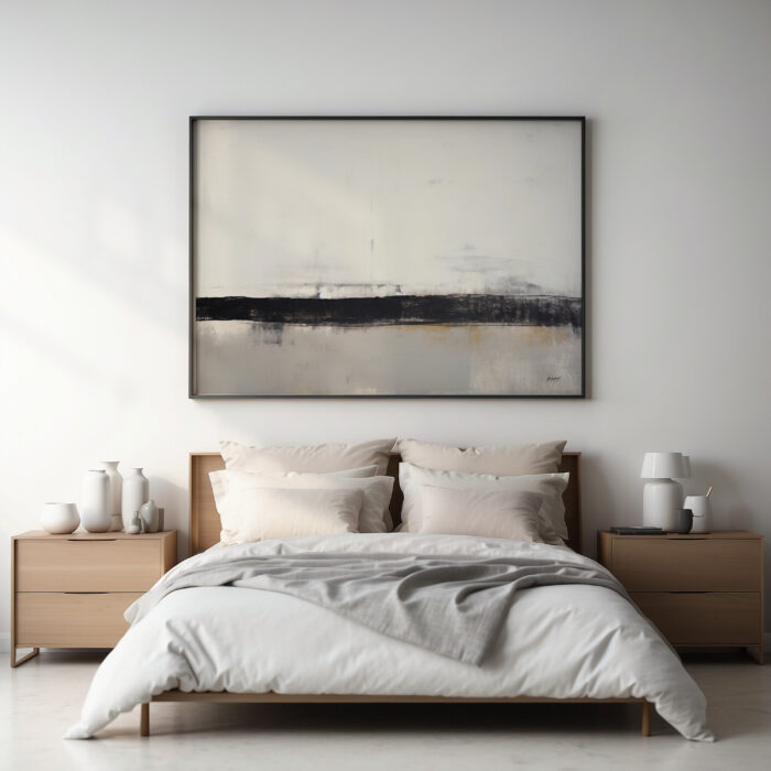 Minimalist bedroom featuring wooden bed frame with neutral bedding and abstract landscape artwork.