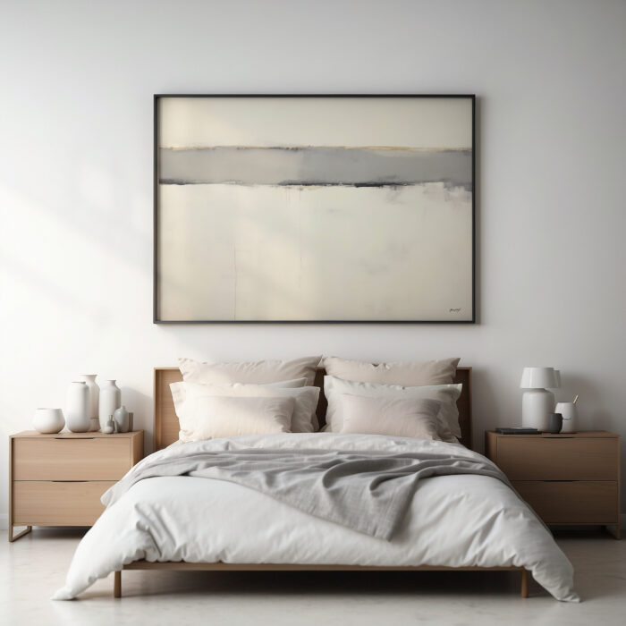 Minimalist bedroom with abstract horizon artwork above light wood bed and nightstands