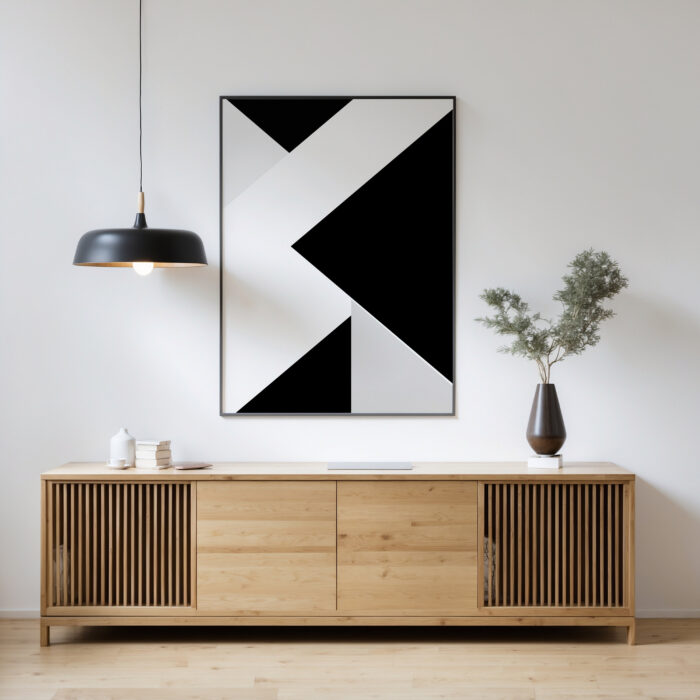 Modern geometric artwork above natural oak media console with minimalist styling