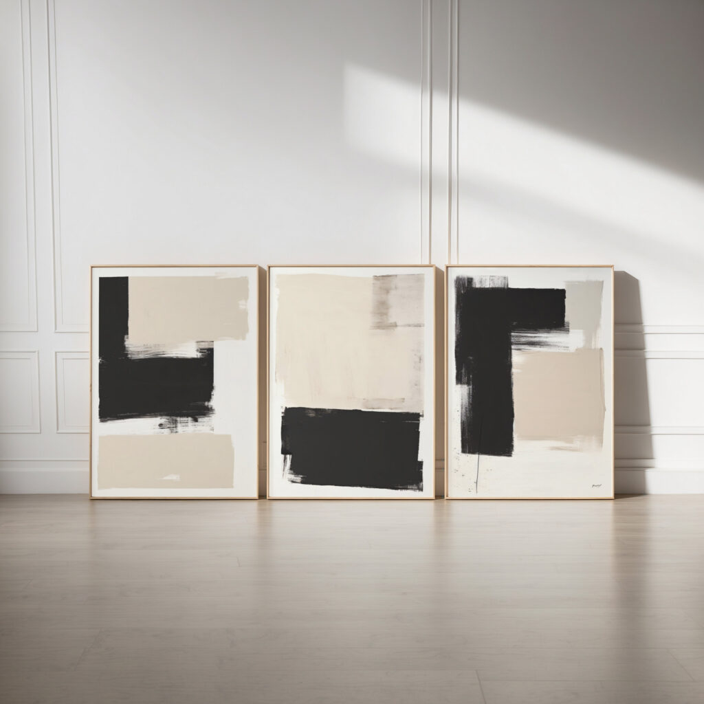 Minimalist abstract triptych with bold black brushstrokes on beige canvas in light wooden frames.