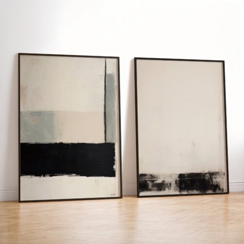 Two abstract minimalist artworks with black and beige tones against white wall.