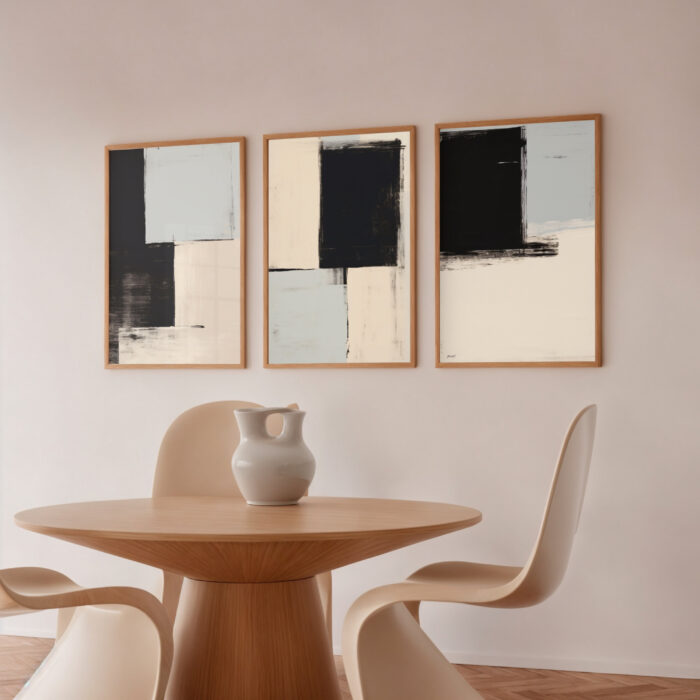 Three framed abstract artworks above a round wooden table with modern cream chairs.