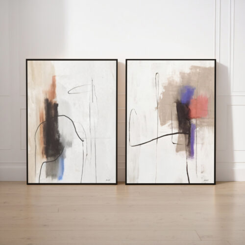 Elegant abstract pair: black brushstrokes on white with soft color accents in modern frames.