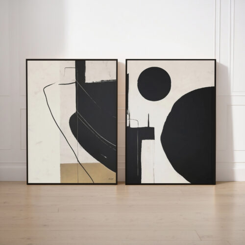 Modern abstract diptych with geometric black shapes on cream background, framed in minimalist style.