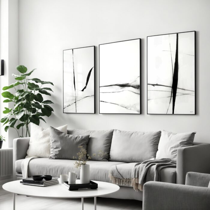 Minimalist living room featuring elegant black and white abstract art above light gray sofa.