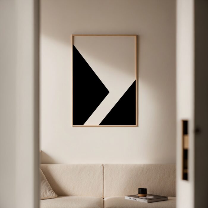 Minimalist geometric wall art with black triangular shape in contemporary living room