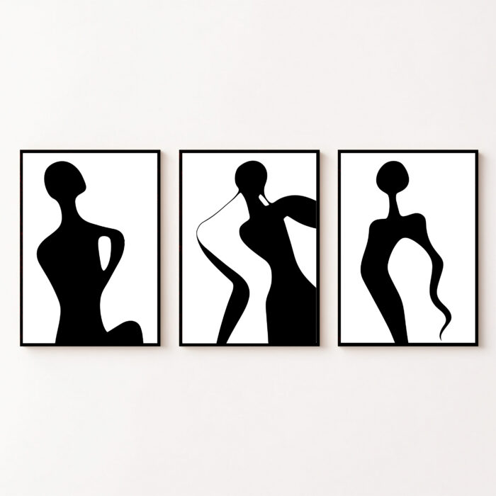 Three black silhouette art panels in Art Deco style showing elegant flowing female forms