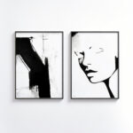 Elegant black and white art duo: abstract brushstroke and minimalist profile portrait for modern interiors.
