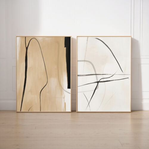 Minimalist abstract diptych with flowing black lines on beige backgrounds in wooden frames.