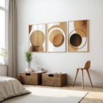 Minimalist bedroom with abstract circular wall art, natural baskets, and wooden chair.